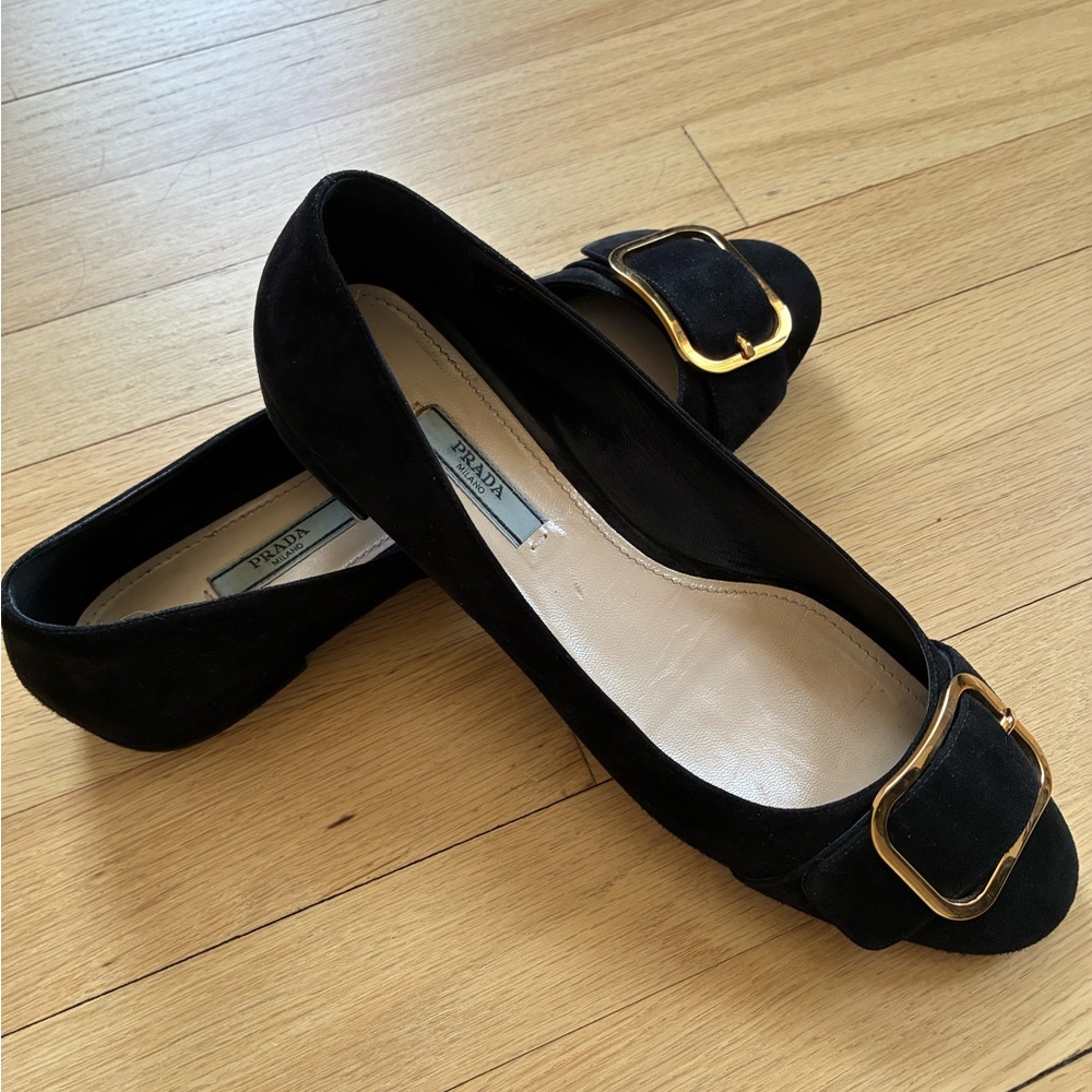 Prada Black Suede Flats with Gold Buckle - Picture 3 of 7